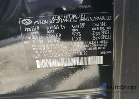 2021 Hyundai Santa Fe Sel z USA, uszkodzony, nr VIN 5NMS24AJ3MH360029